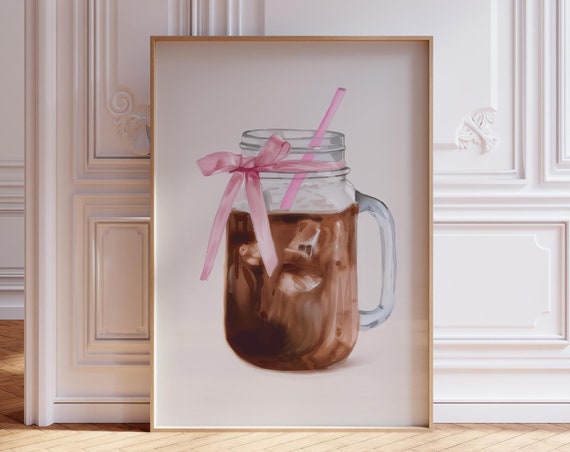 Iced Coffee Print Poster Pink Watercolor Kitchen Girly Bar Preppy Coquette