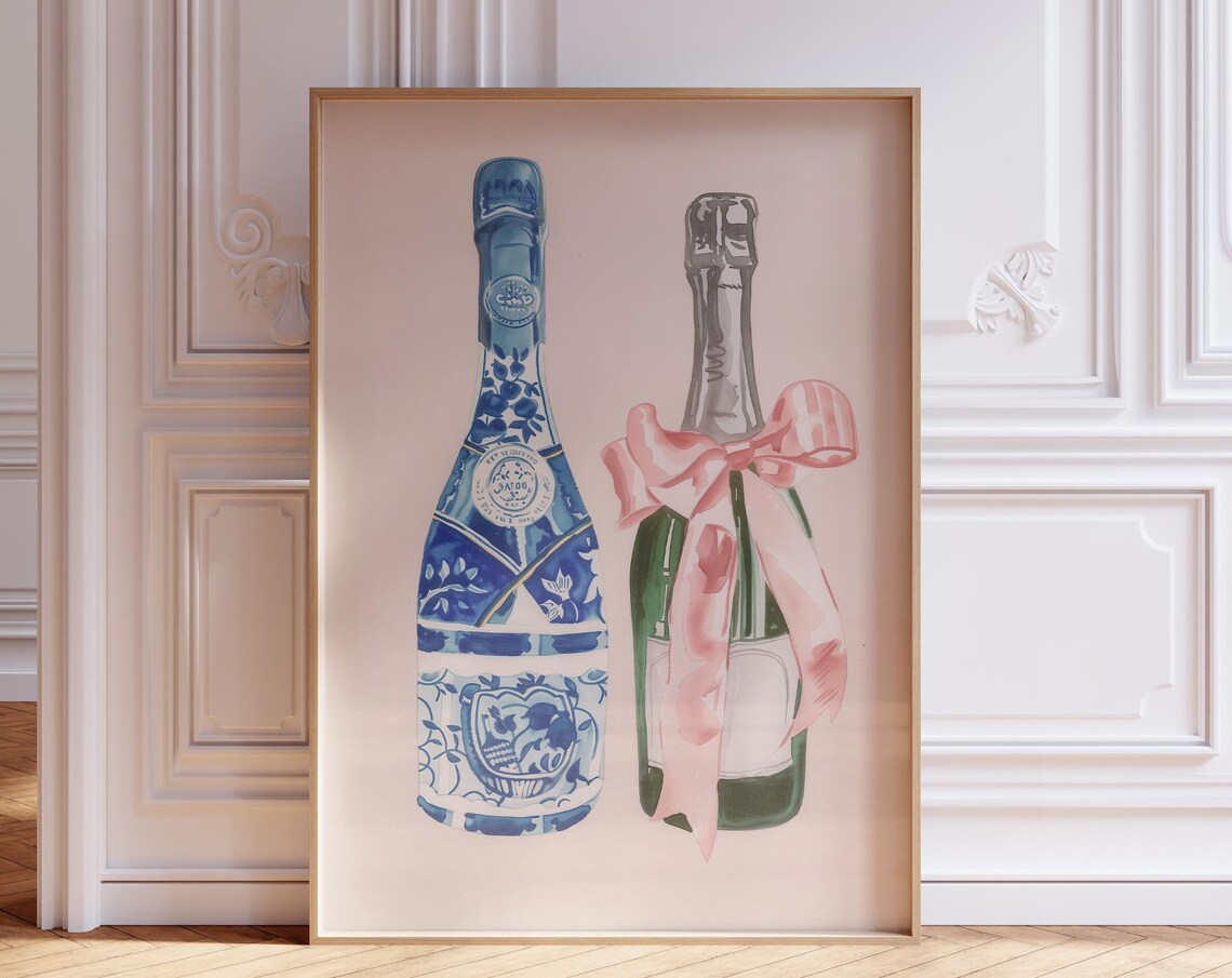 Chinoiserie Wine Bottles With Pink Bow Coquette Bar Cart Poster