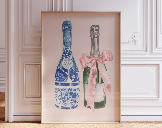 Chinoiserie Wine Bottles With Pink Bow Coquette Bar Cart Poster
