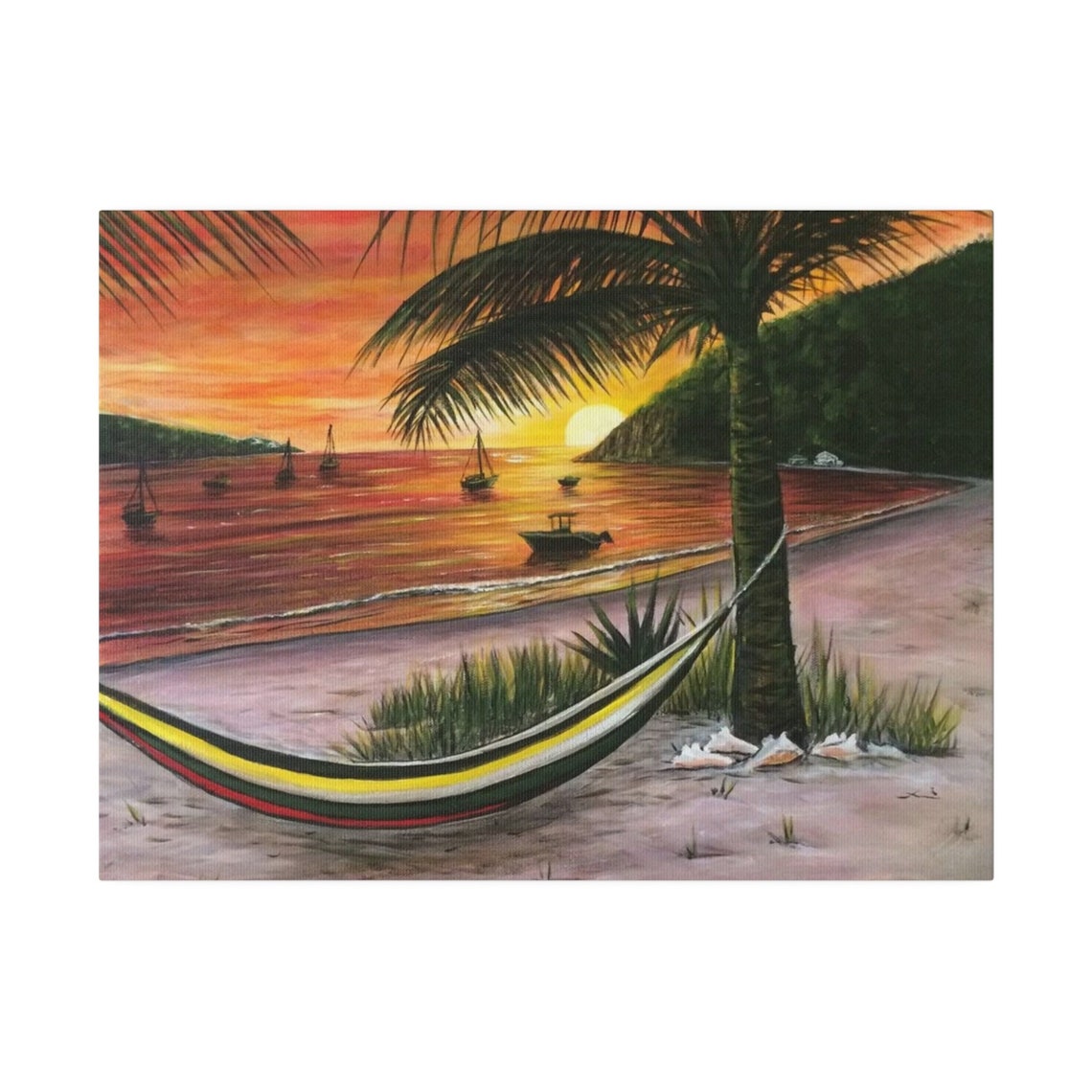 Tropical Beach Sunset Sailboats Hammock Palm Trees Coastal Poster - Image 5