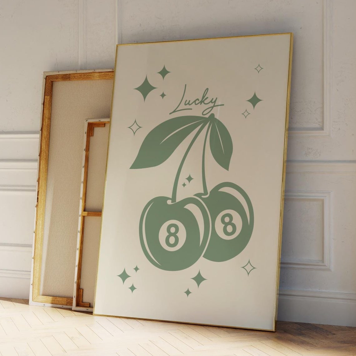 Lucky Green 8 Ball Cherries Retro Sparkle Fun Wall Decor Poster
