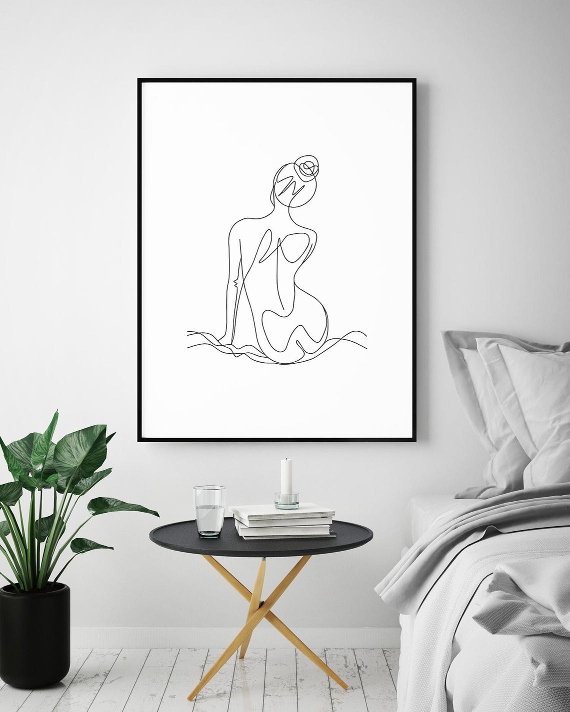 Woman Back View Line Art Sitting Female Figure Beach Scene Poster - Image 5