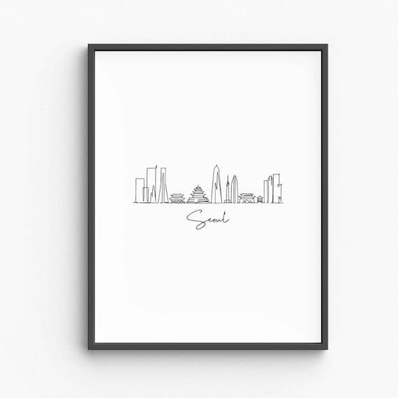 Seoul South Korea Skyline Single Line Drawing Minimalist Travel Poster