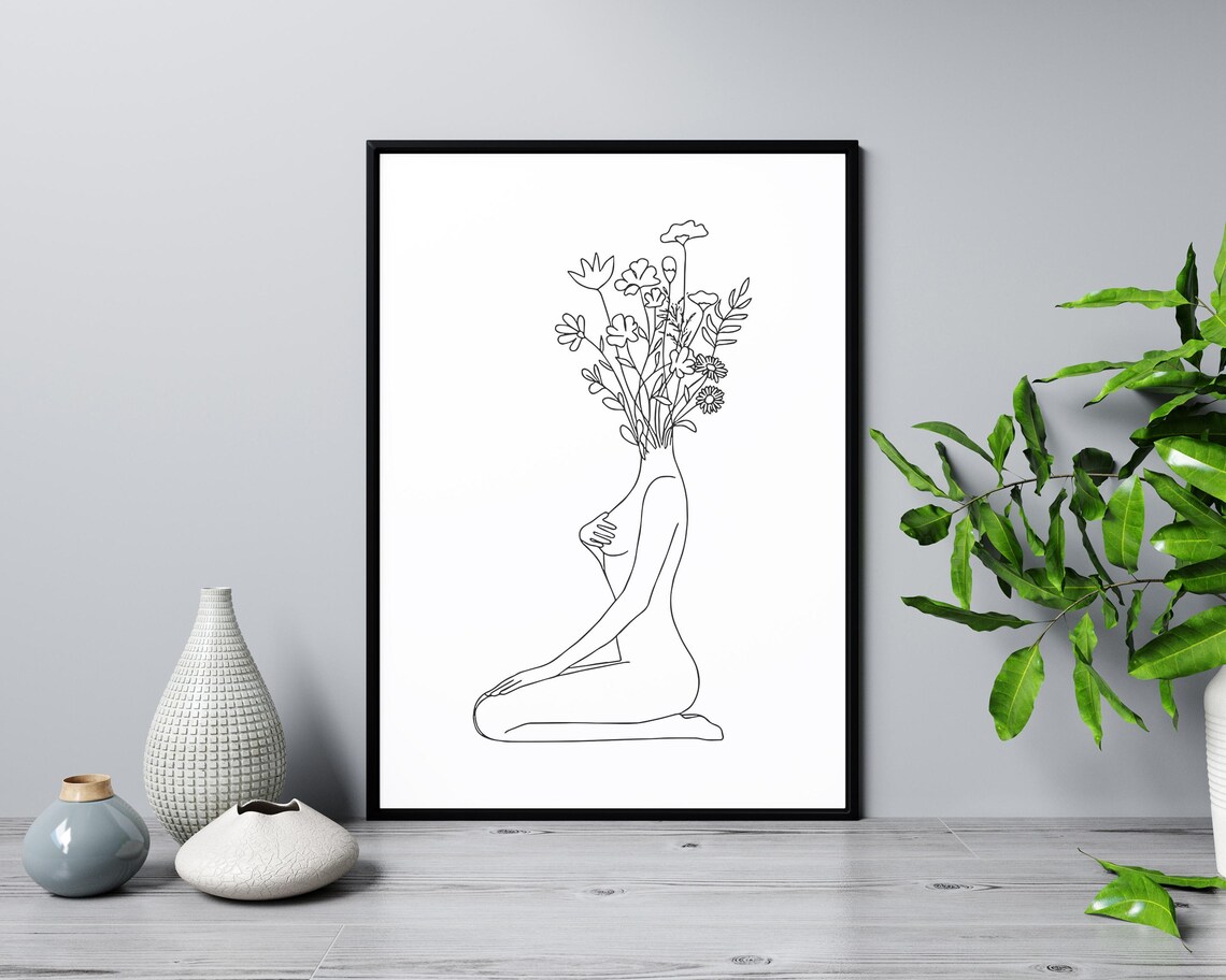 Flower Head Woman Line Art Kneeling Figure Blooming Crown Poster - Image 3