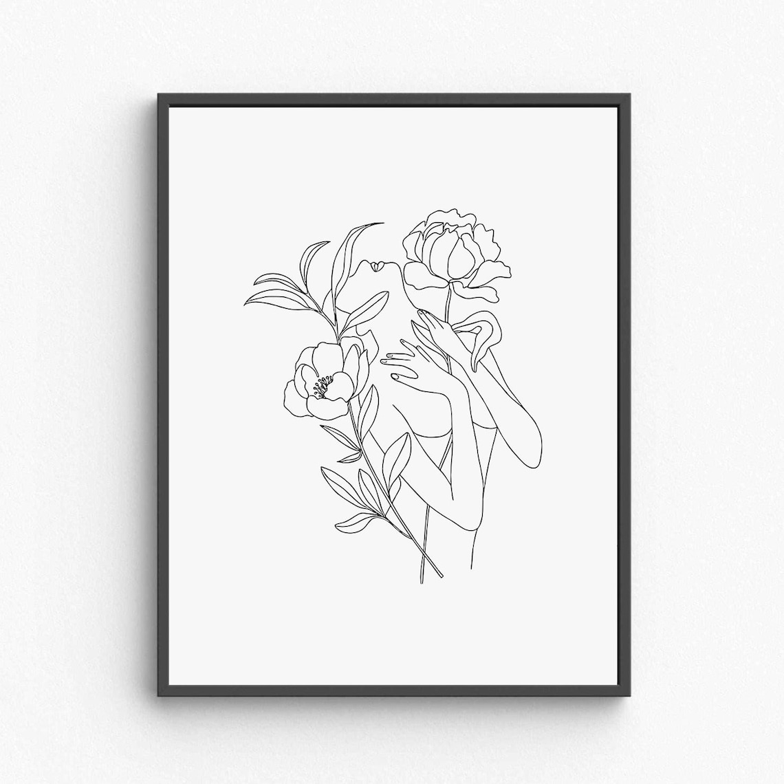 Woman With Peony Flowers Line Art Floral Feminine Minimalist Poster
