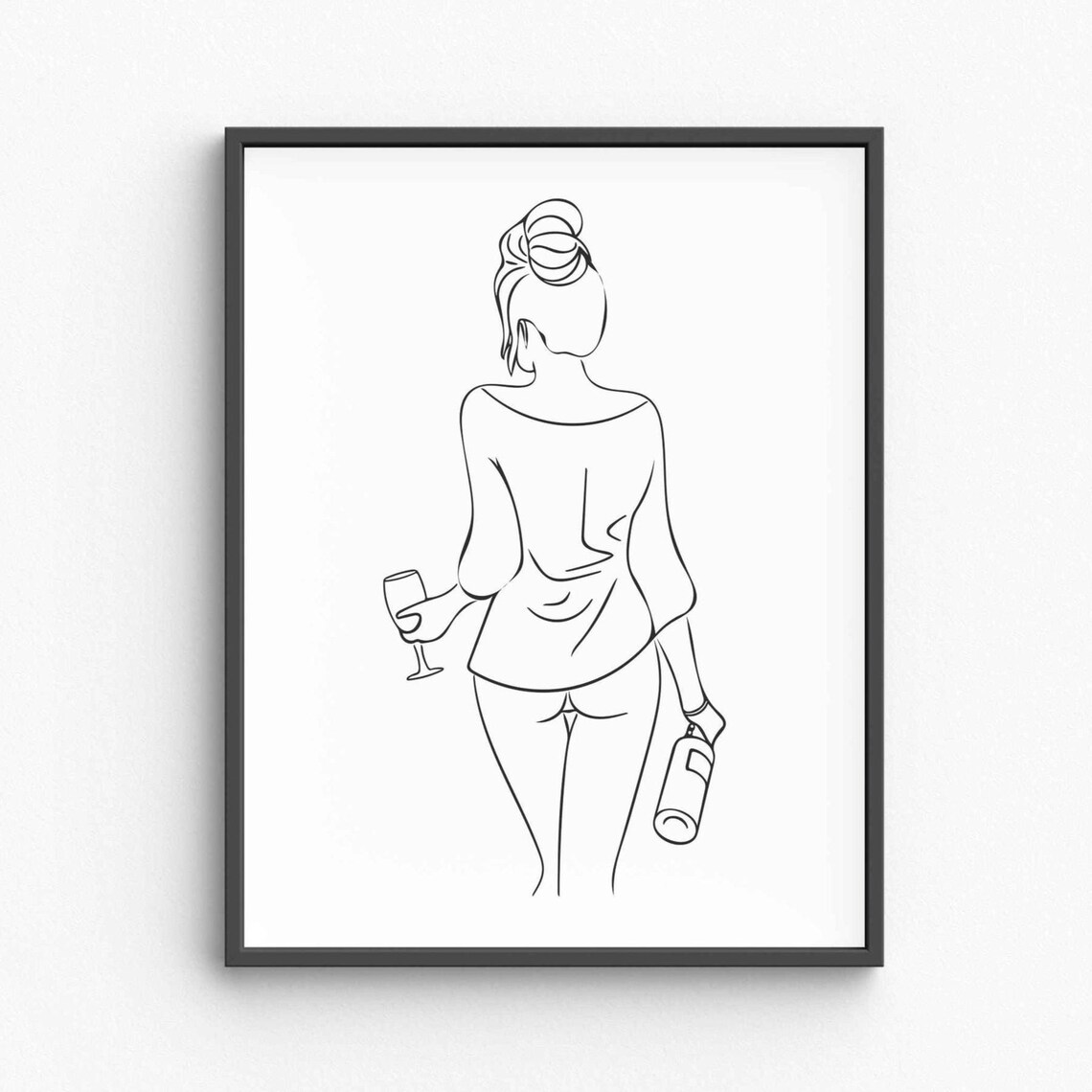 Woman Holding Wine Glass And Bottle Line Drawing Feminine Bar Decor Poster