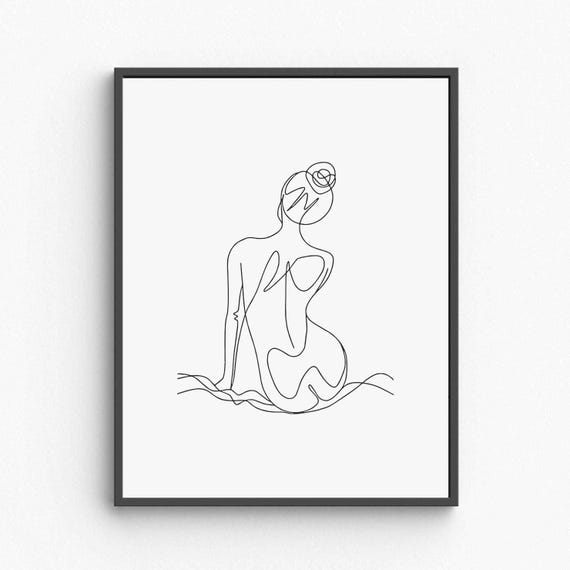 Minimalist Woman Back Line Art Sitting Female Silhouette Drawing Calm Pose Figure Elegant Wall