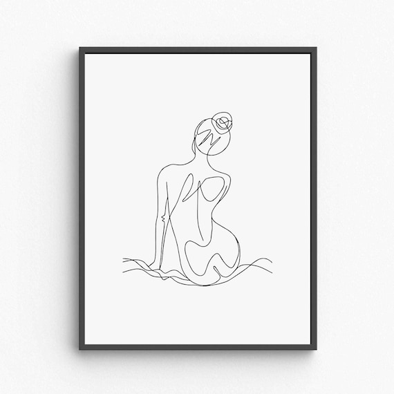 Woman Back View Line Art Sitting Female Figure Beach Scene Poster