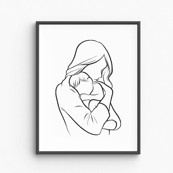 Minimalist Mom Holding Child Line Art Print