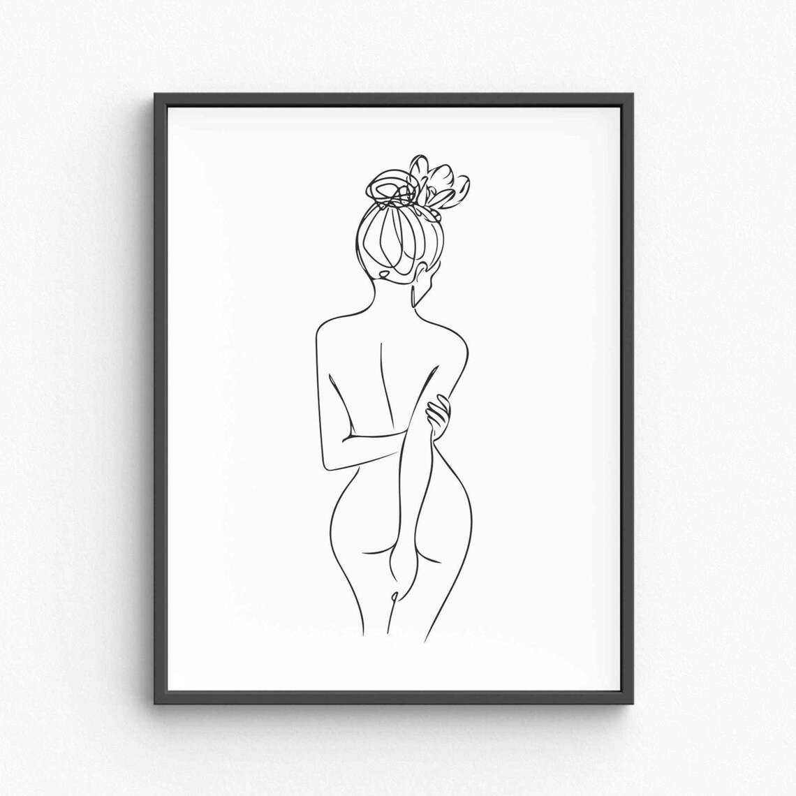 Nude Woman Back View Line Art Bun Hairstyle Feminine Figure Poster