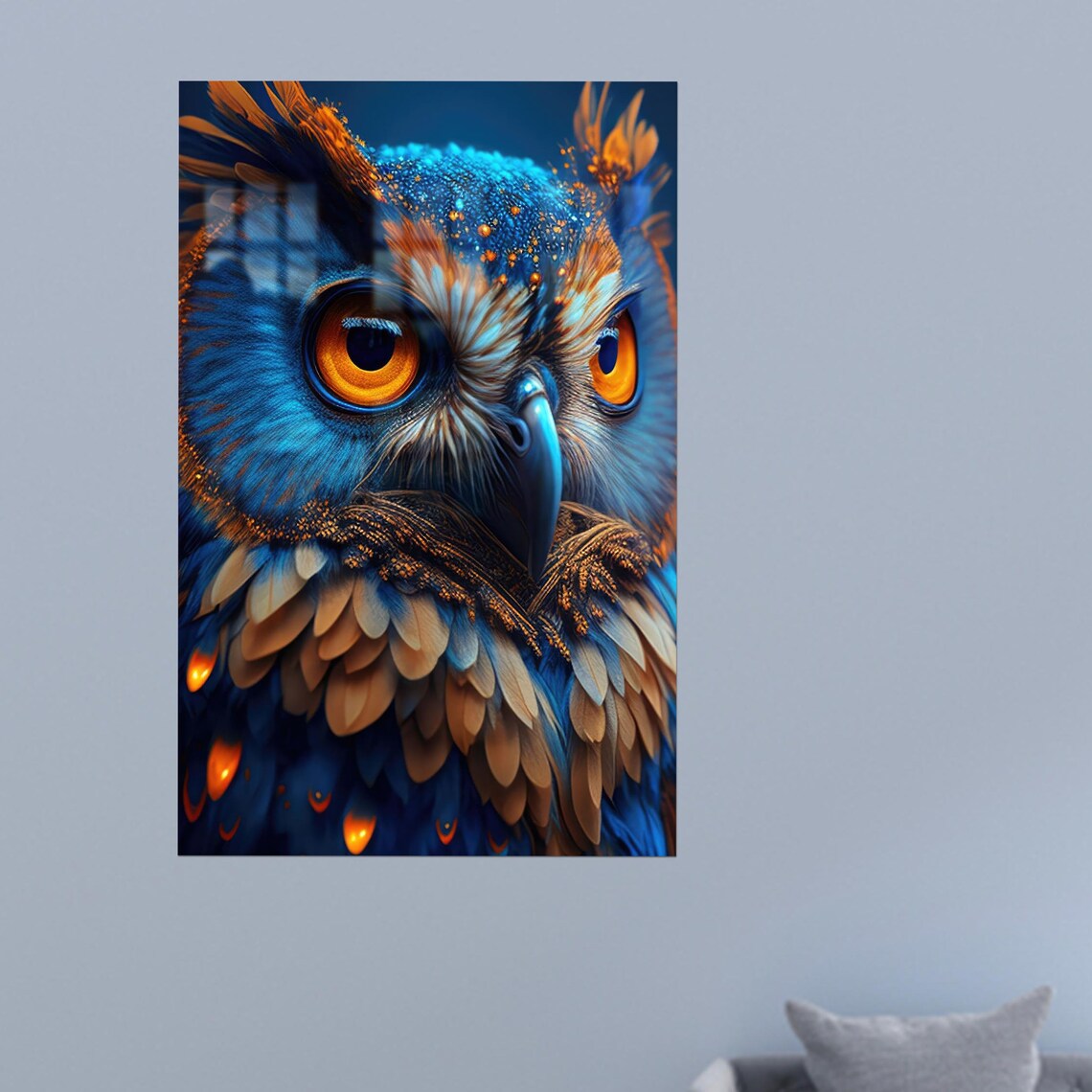Vivid Blue Owl Piercing Orange Eyes Digital Fantasy Bird Lover Decor Poster