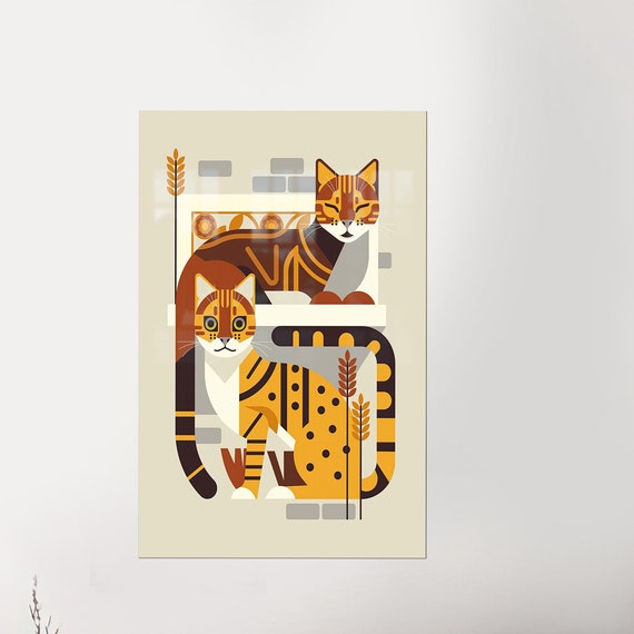 Two Cats Glass Wall Art Abstract Cat Printing Minimal Animal Custom For