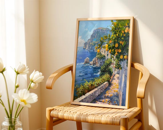 Capri Italy Poster Print Coastal Lemon Tree Wall Art Mediterranean Seaside Landscape Amalfi Coast Travel Home Decor
