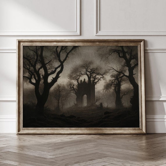 Moody Landscape Painting Halloween Decor Black Wall Art Nature Print Landscape Print Gothic Decor Dark Print Vintage Halloween Wall Art