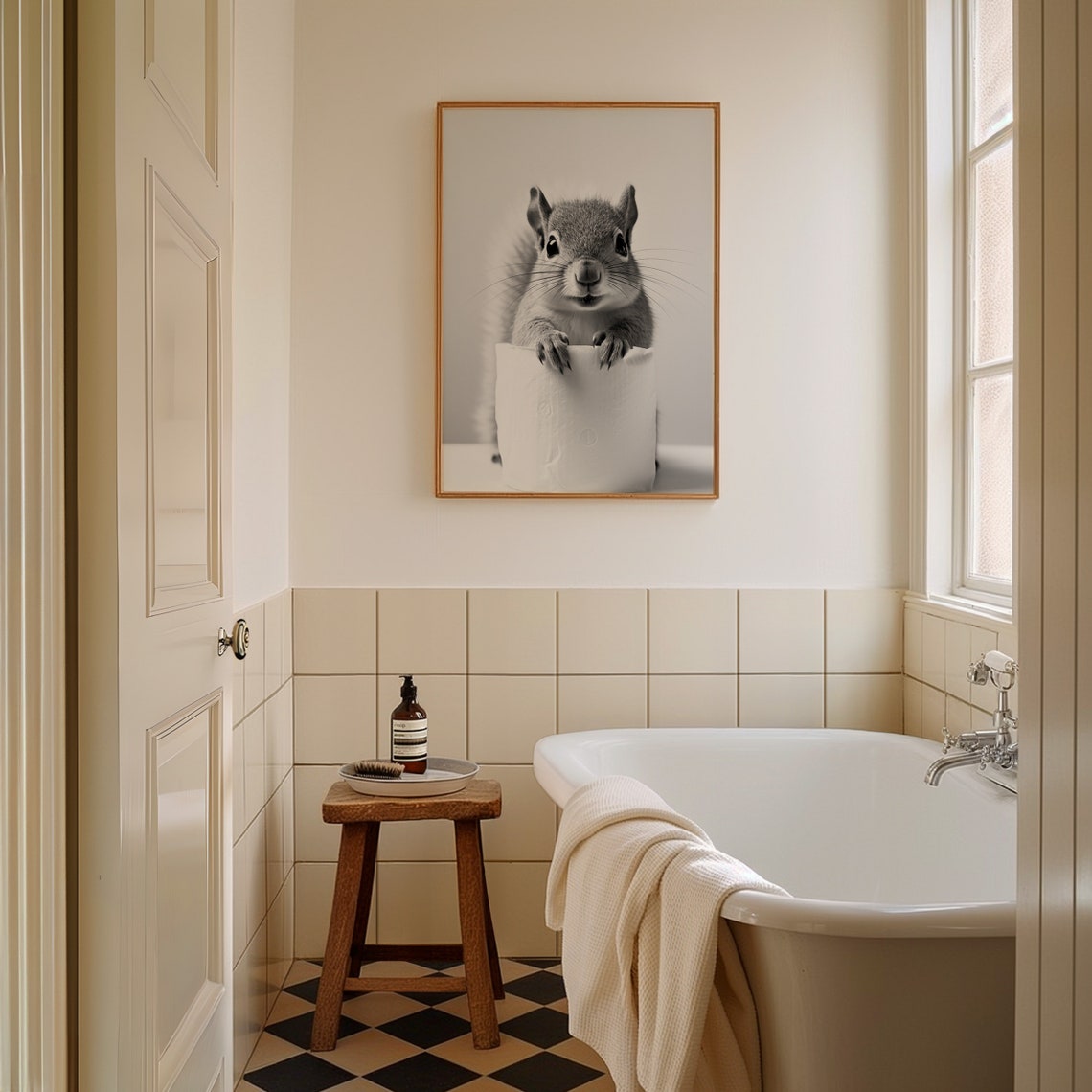 Black And White Squirrel Toilet Paper Roll Funny Bathroom Poster - Image 2