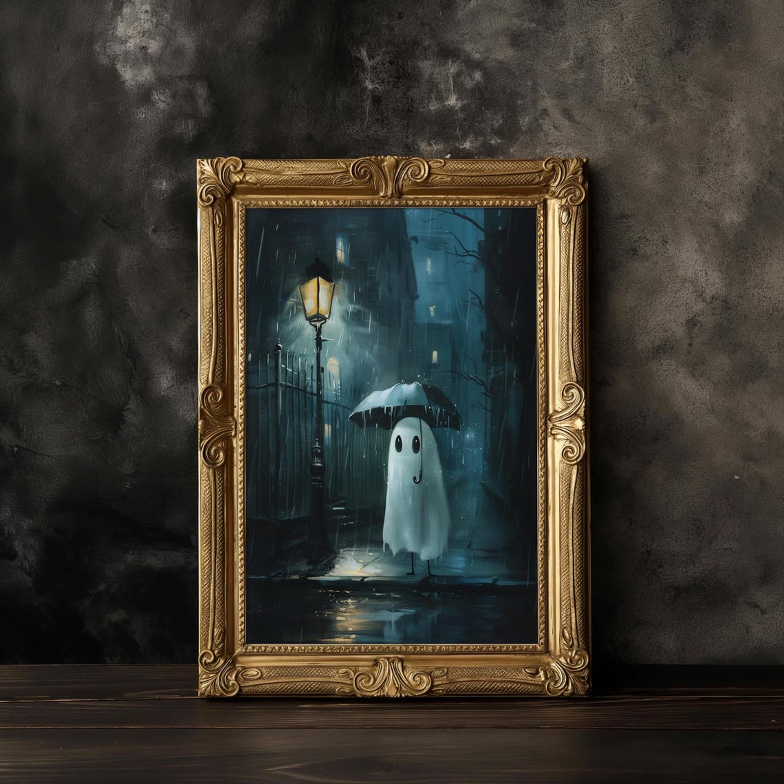 Lonely Ghost With Umbrella On Rainy Night Street Lamp Poster - Image 2