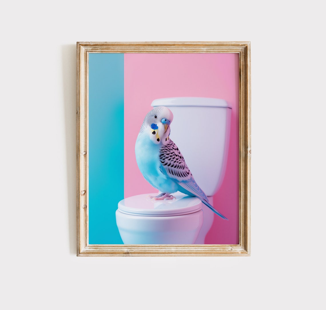 Blue Budgie Parakeet Perched on Toilet Pink and Teal Bathroom Poster