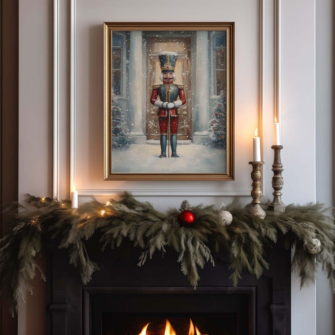 Vintage Nutcracker in Blue Uniform Standing in Snowy Doorway Poster - Image 3