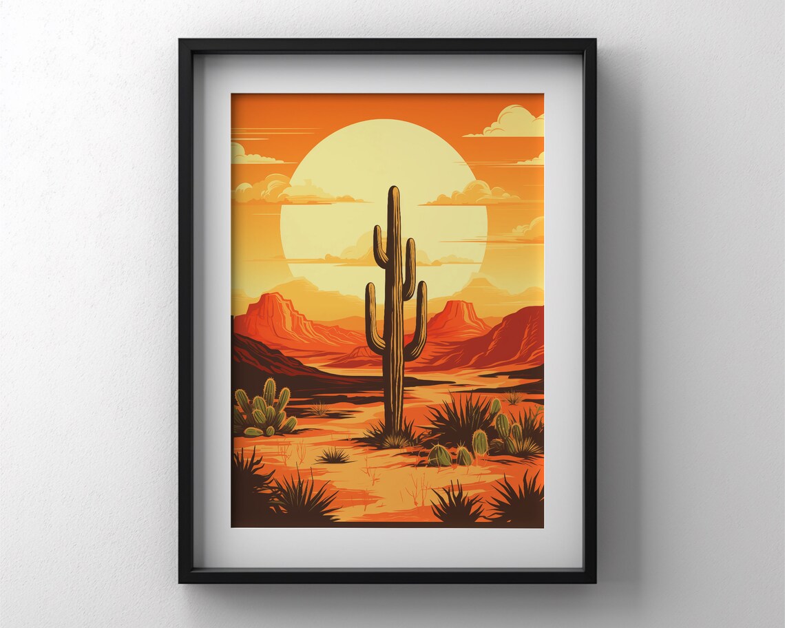 Desert Sunset Saguaro Cactus Red Rock Mesas Retro Travel Style Poster - Image 3