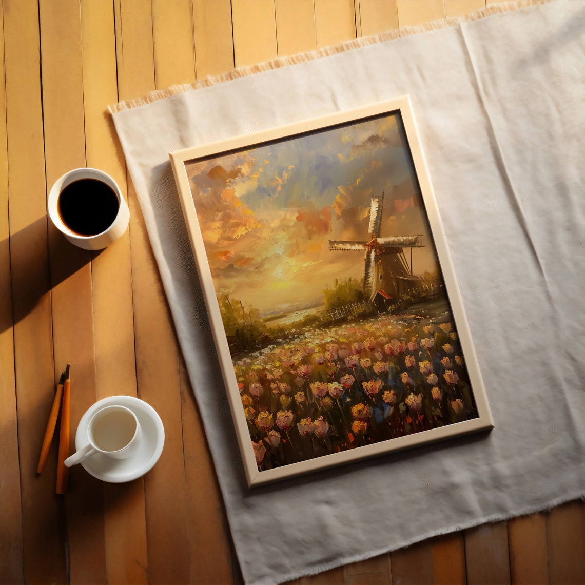 Dutch Windmill Tulip Field Sunset Impressionist Landscape Oil Poster - Image 3