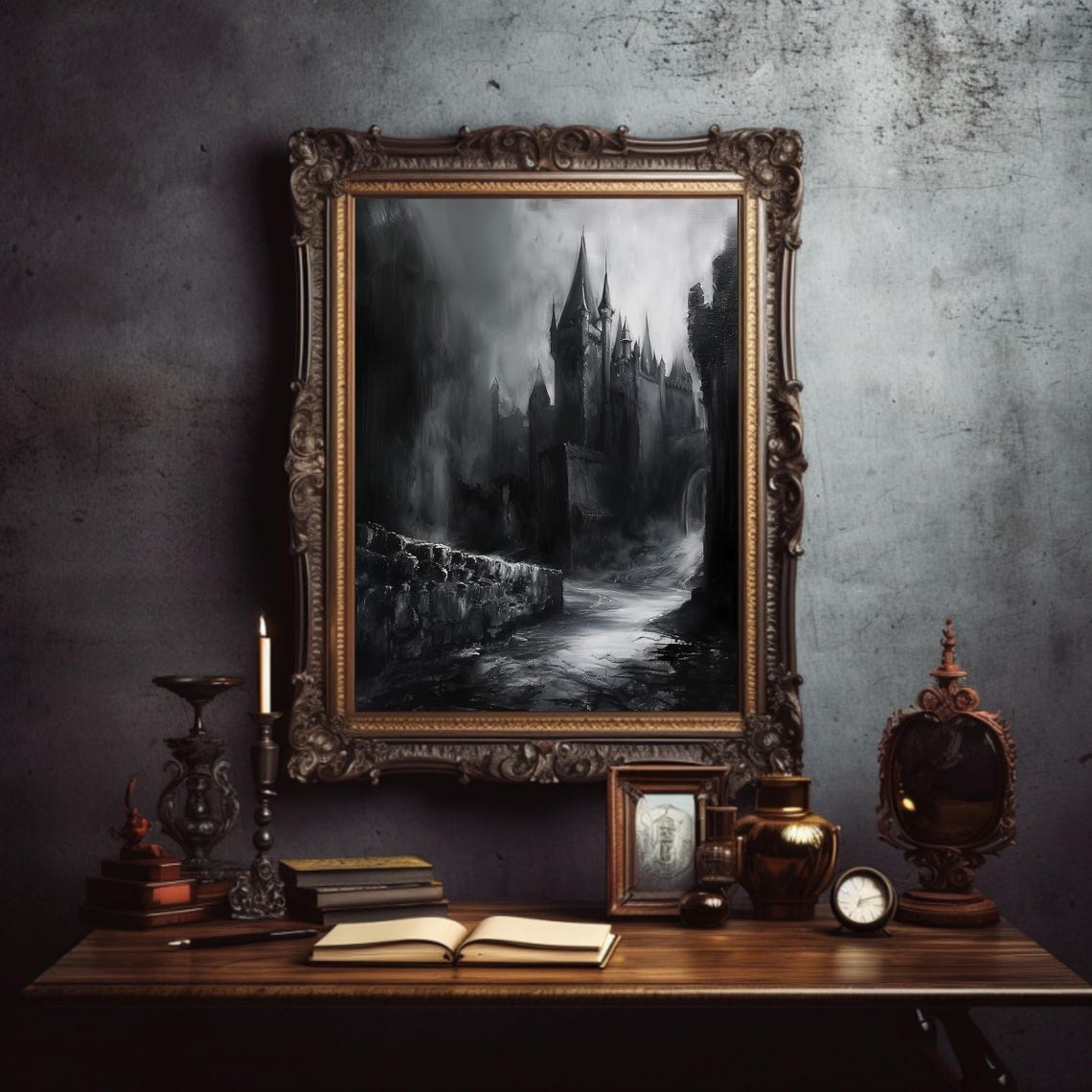 Gothic Dracula Castle on Misty Cliff Victorian Horror Painting Poster - Image 3