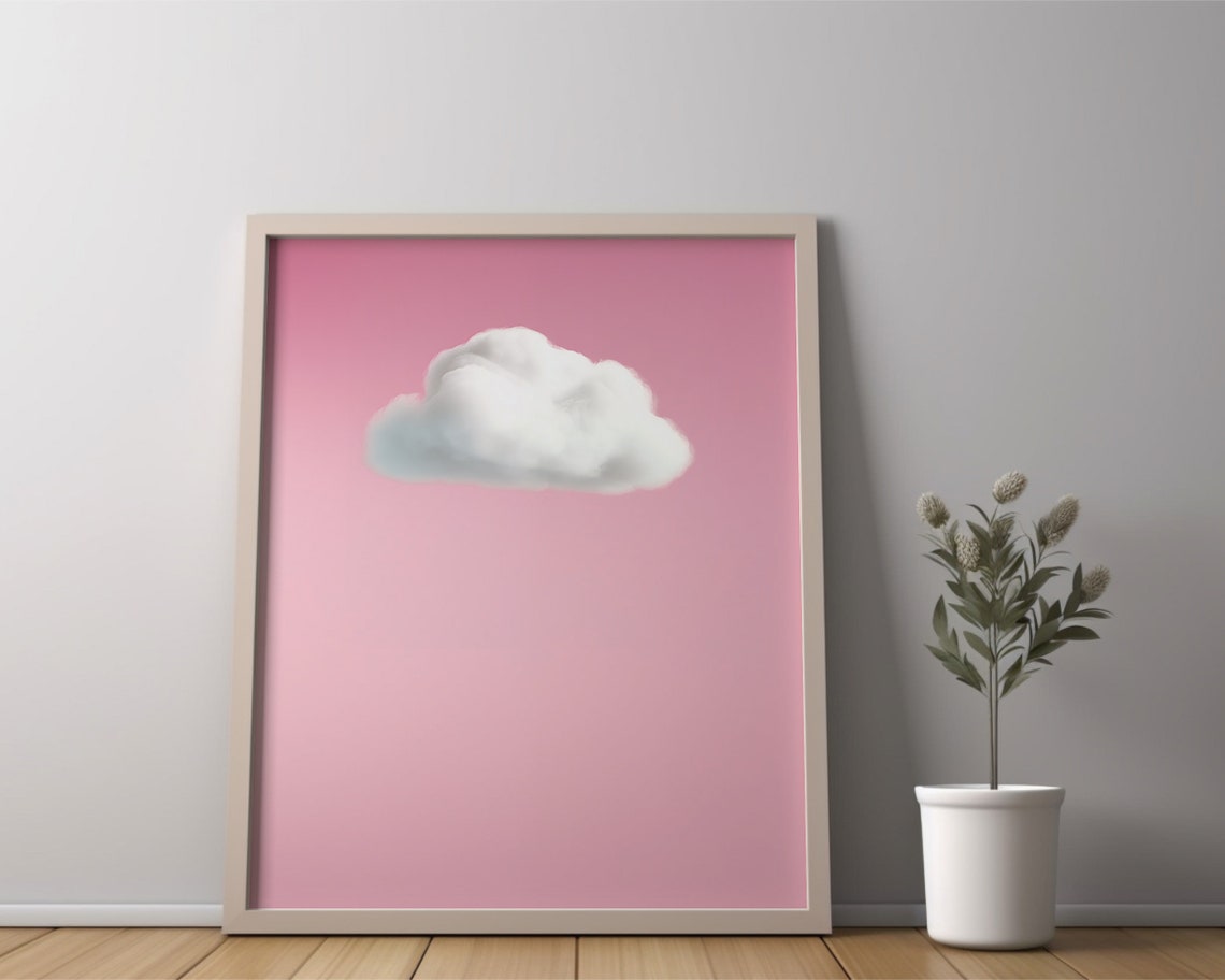 White Cloud Floating on Pastel Pink Sky Playful Minimalist Art Poster - Image 3