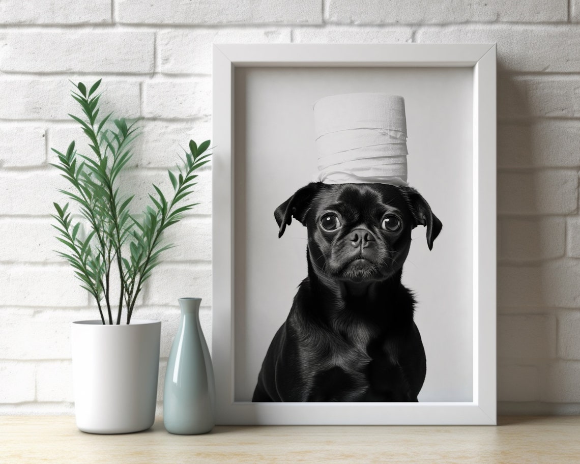 Black Pug With Toilet Paper Hat Funny Bathroom Humor Dog Wall Poster - Image 3