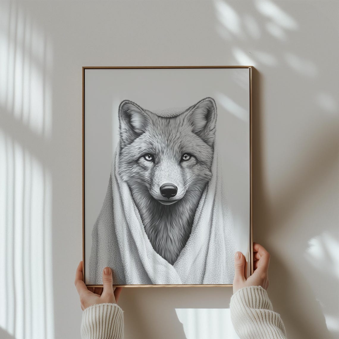 Arctic Fox Wrapped In White Towel Black And White Cozy Animal Poster - Image 2