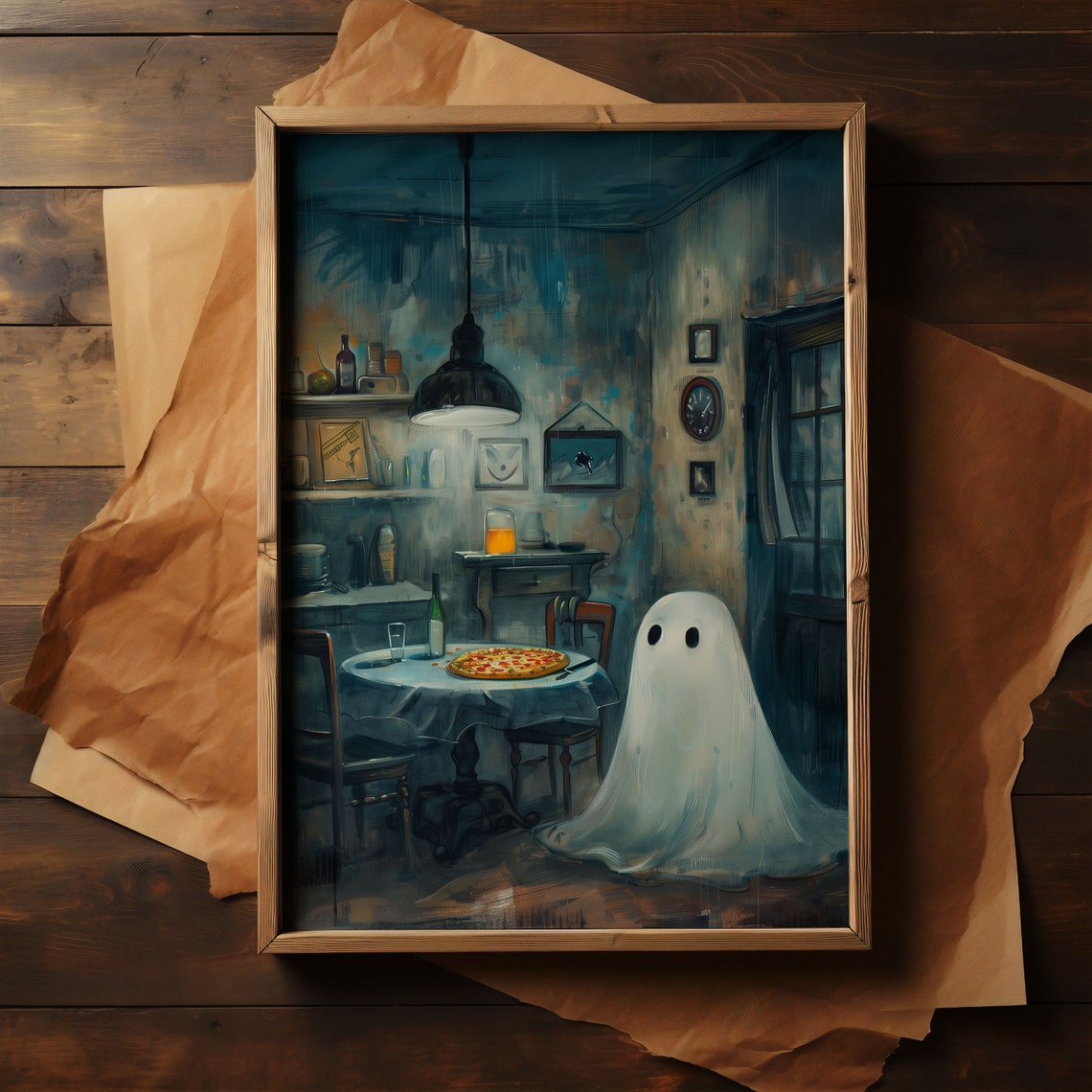 Cute White Ghost Enjoying Pizza Night in Dark Cozy Restaurant Poster - Image 2