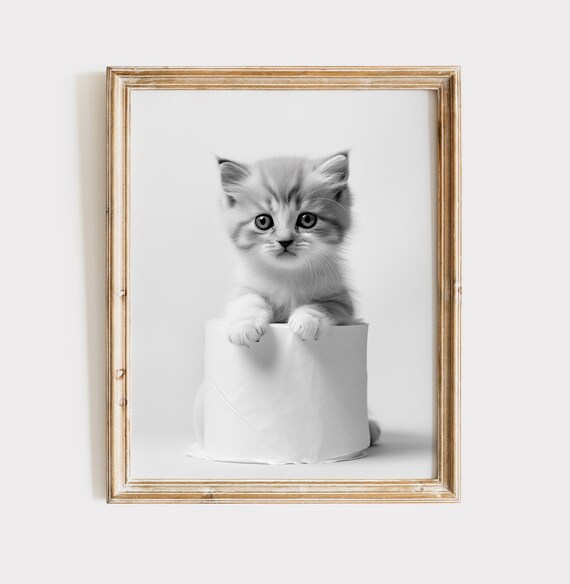 Sweet Kitten Peeking Over Toilet Paper Roll Funny Bathroom Poster