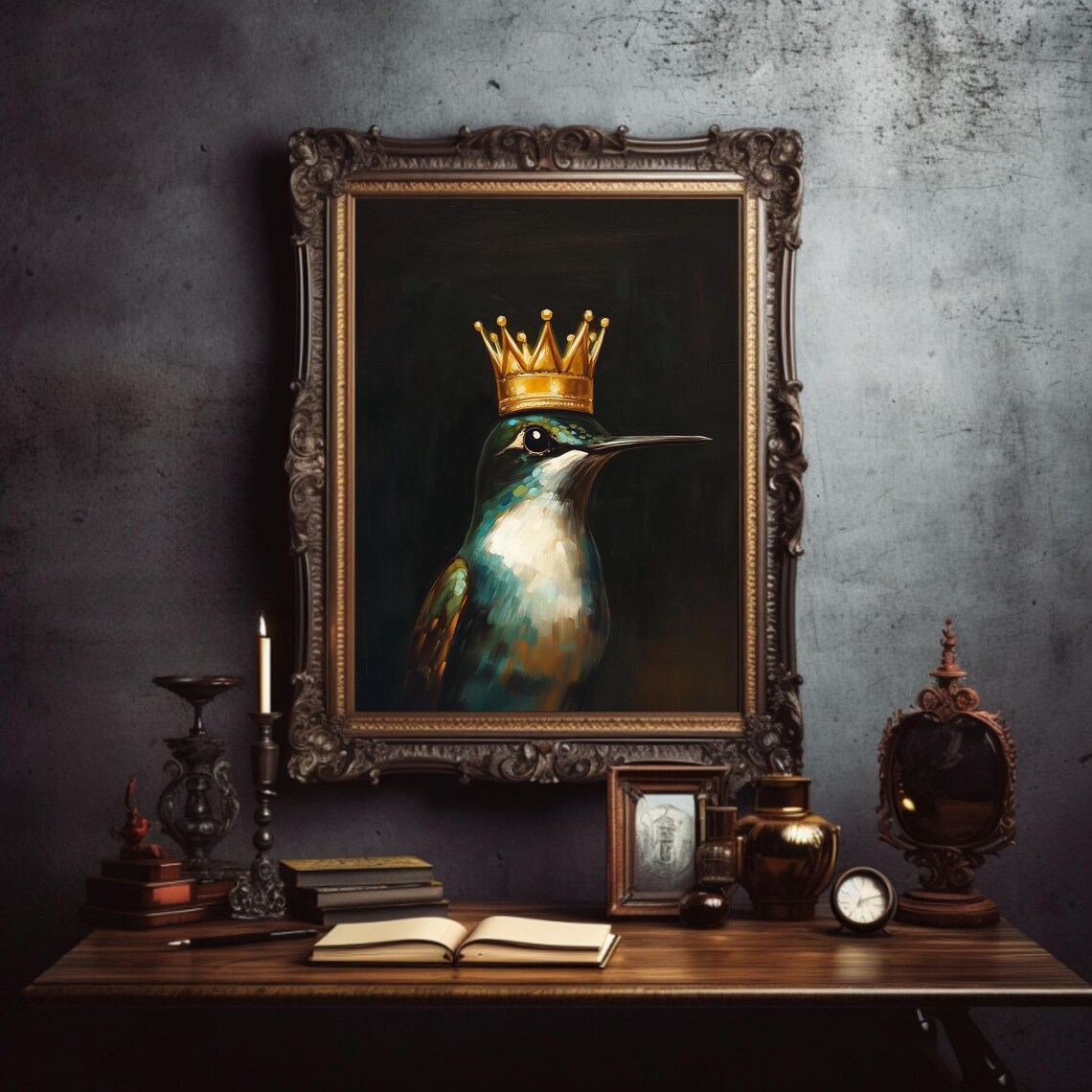Emerald Green Hummingbird Dark Academia Art Print - Image 2