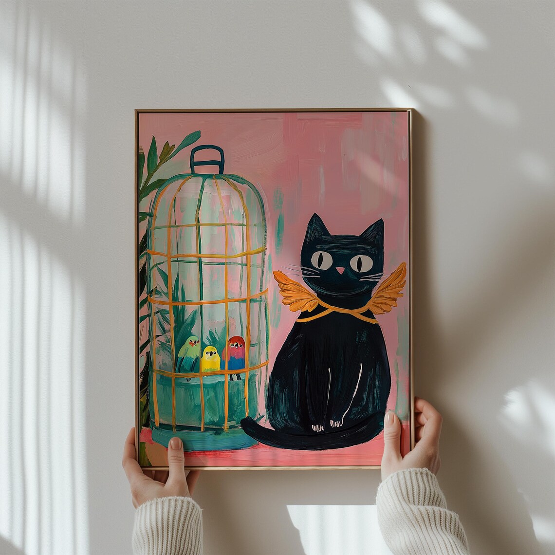 Black Cat With Birdcage Budgies Matisse Style Whimsical Cat Wall Poster