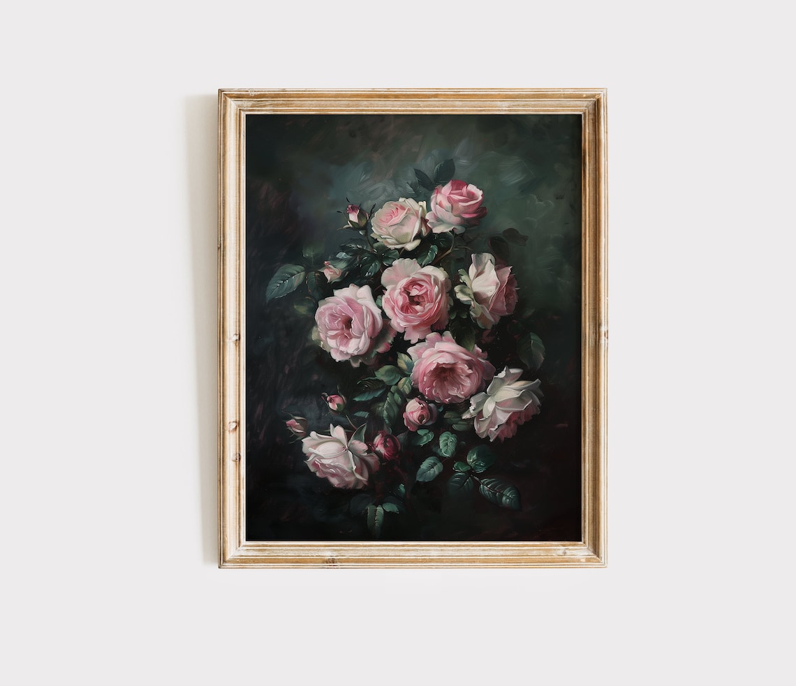 Pink Roses Dark Moody Floral Bouquet Oil Painting Vintage Poster