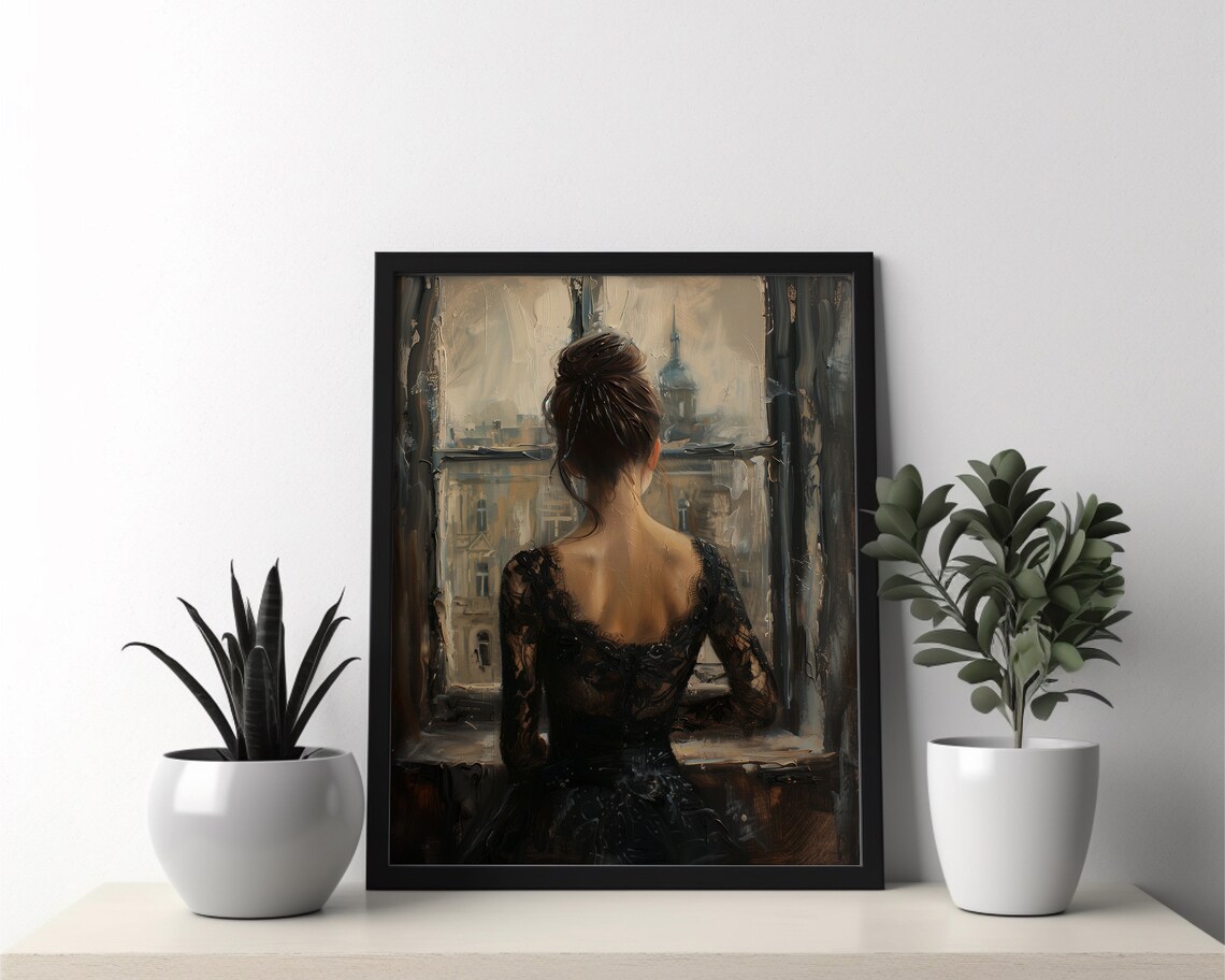 Woman in Black Lace Dress at Rainy Window Moody City Painting Poster - Image 2