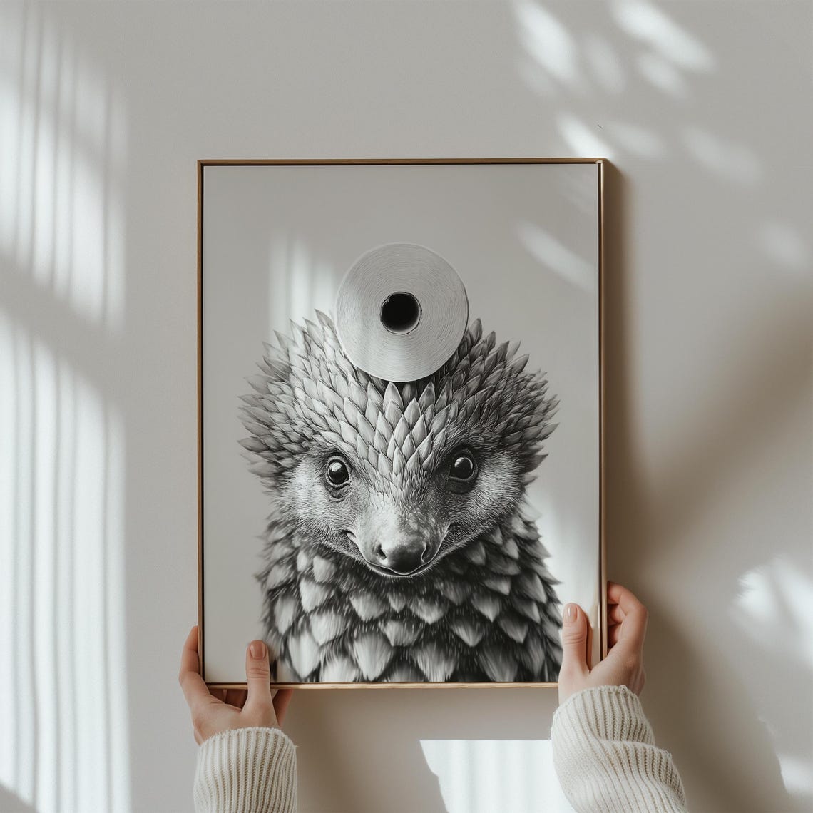 Cute Pangolin Balancing Toilet Paper On Head Bathroom Poster - Image 3