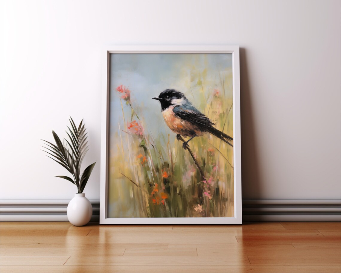 Chickadee Songbird on Twig Wildflower Meadow Impressionist Oil Painting Print - Image 2