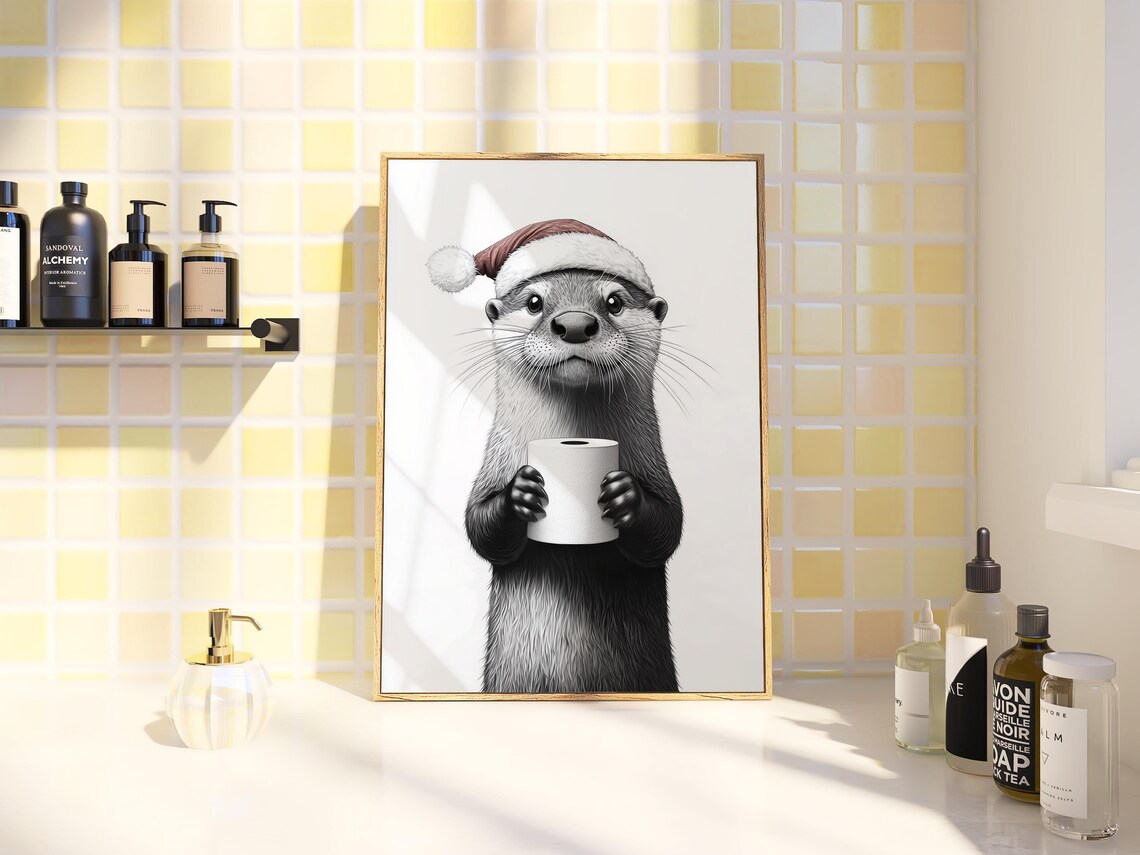 Cute Christmas Otter in Santa Hat Holding Toilet Paper Poster - Image 3