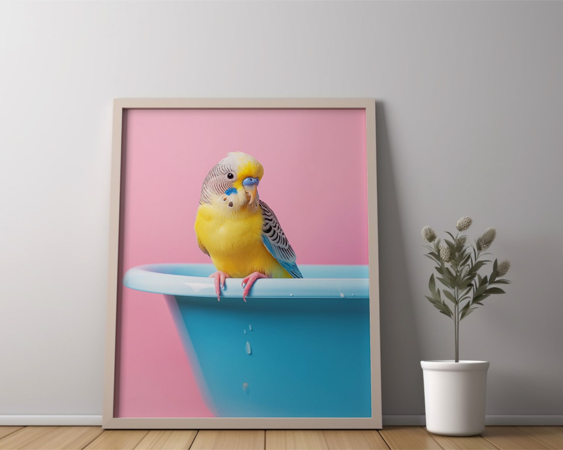 Yellow Budgie Parakeet on Blue Bathtub Pink Colorful Bird Poster - Image 2