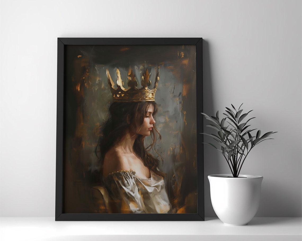 Golden Crowned Queen Profile Portrait Dark Moody Painting Poster - Image 2