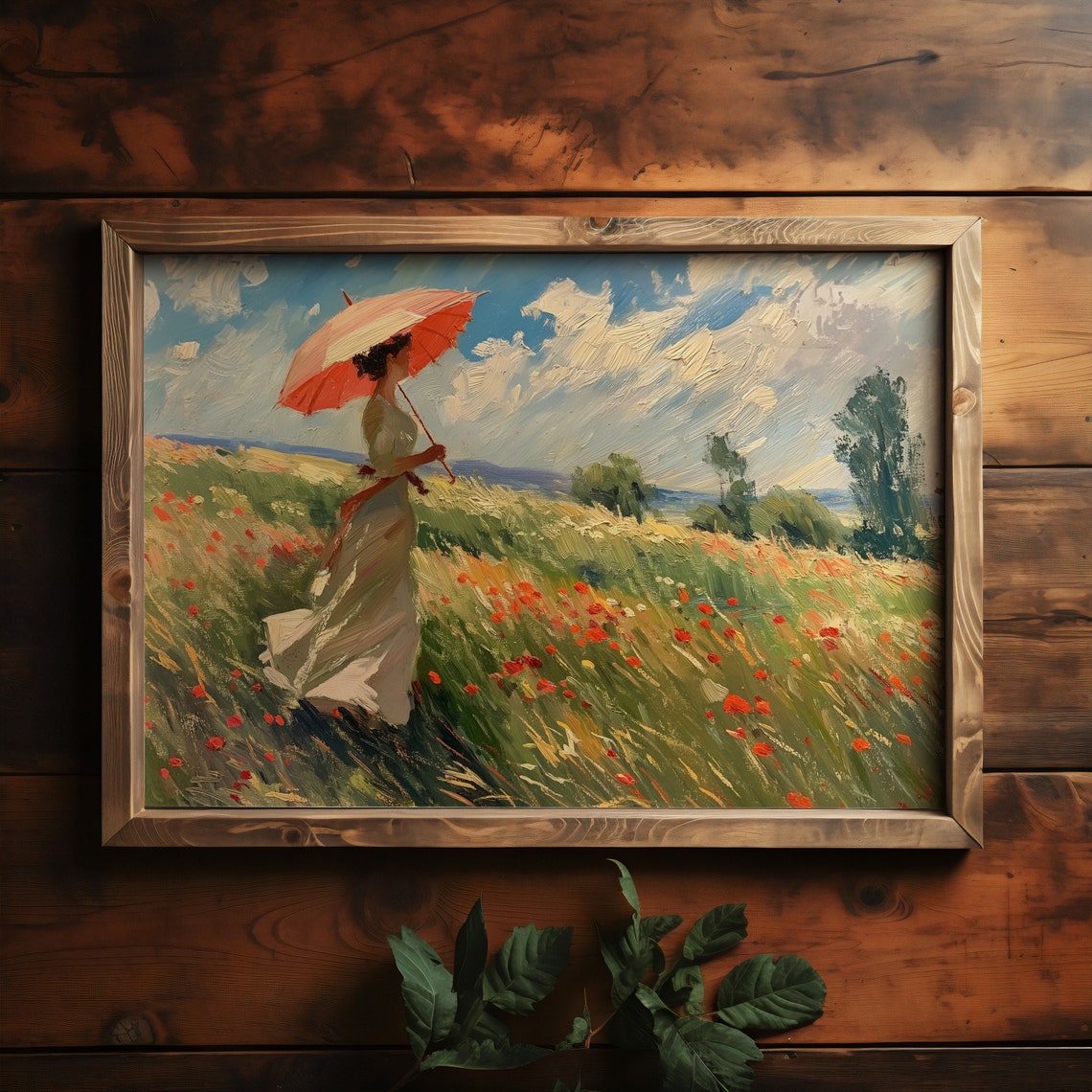 Impressionism Print Farm Decor Umbrella Woman Art Countryside Wall Decor Wildflower Mural Landscape Oil Painting Country Field Art - Image 2