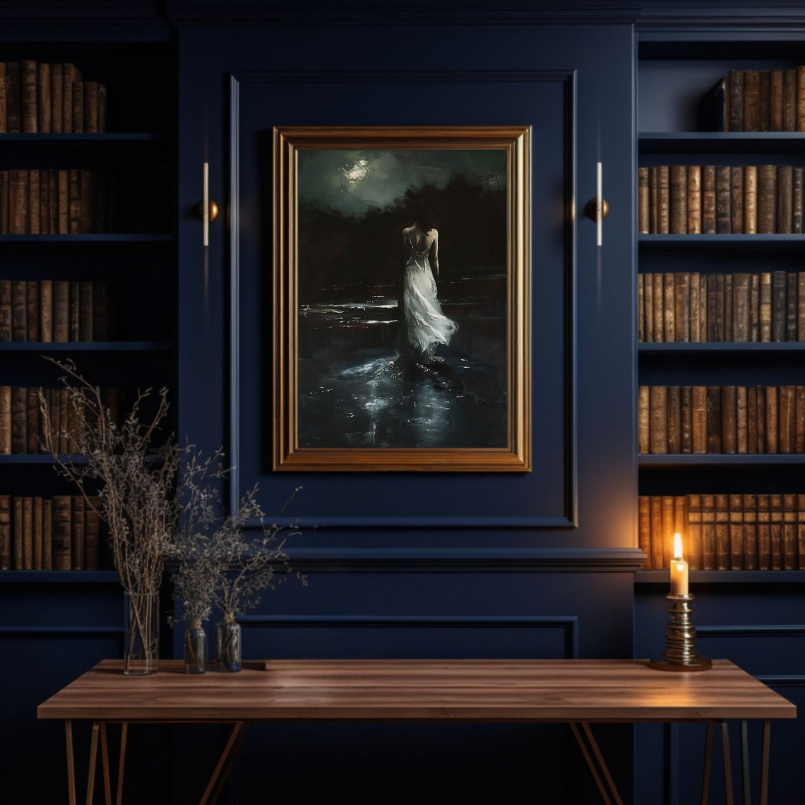 Moonlit Woman in White Dress Walking Into Dark Water Oil Poster - Image 3