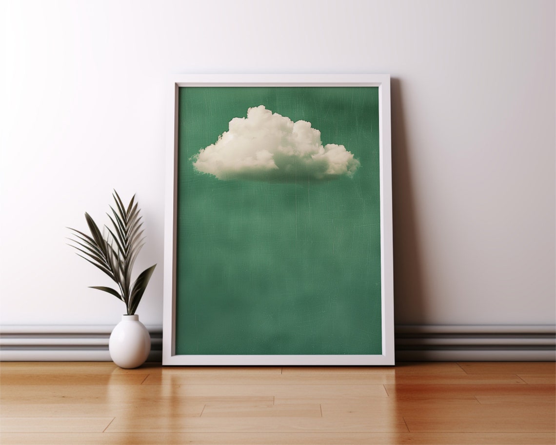Fluffy White Cloud on Moody Green Background Vintage Minimalist Print - Image 3