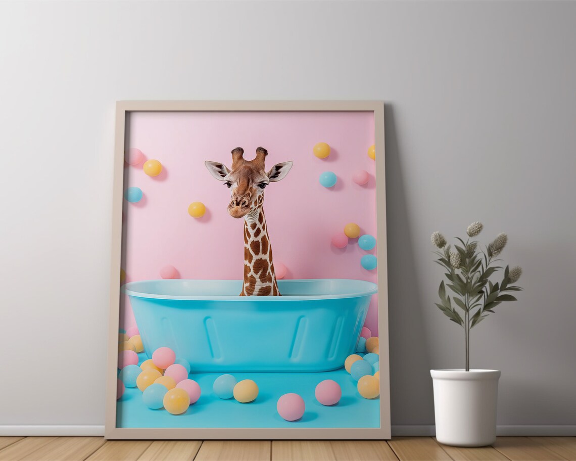 Giraffe in Blue Bathtub Pastel Pop Art Funny Kids Room Animal Poster - Image 2