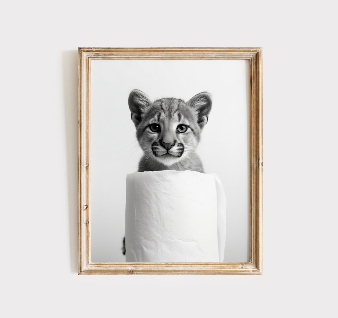 Wild Cat Cub Toilet Paper Roll Peek Cute Black White Funny Poster