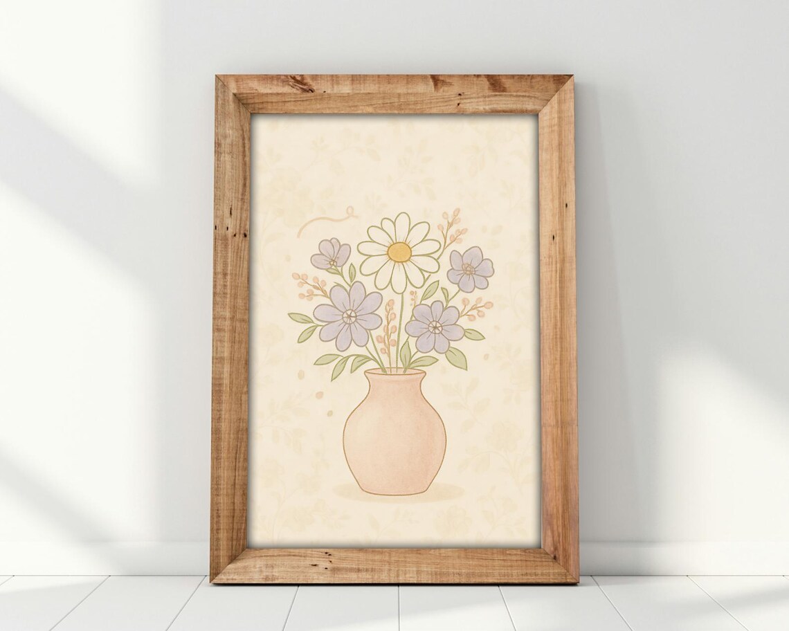 Soft Floral Bouquet in Vase, Pastel Line Art - Image 3