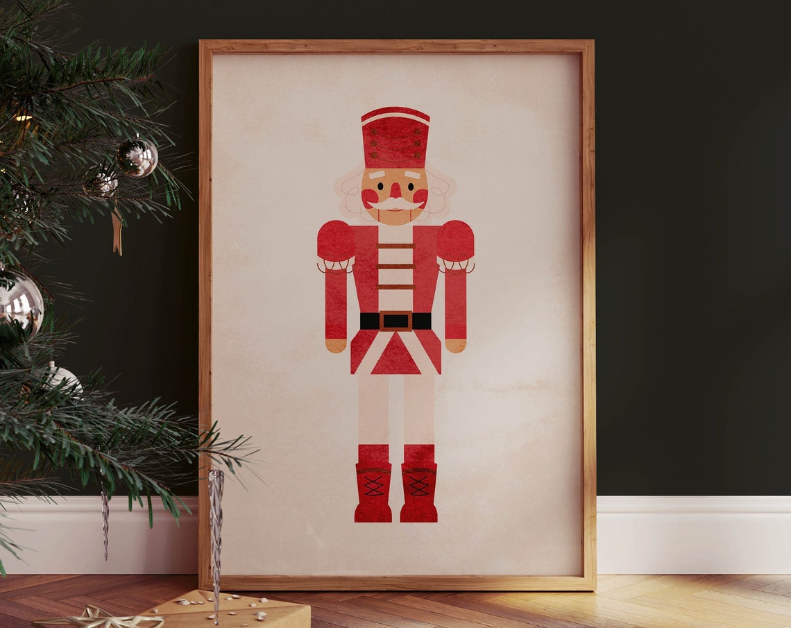 Red Nutcracker Soldier Minimalist Vintage Christmas Wall Poster
