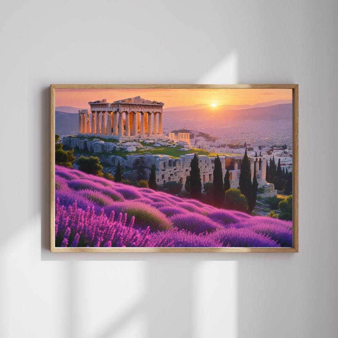 Athens Acropolis At Sunset Over Purple Lavender Fields Poster
