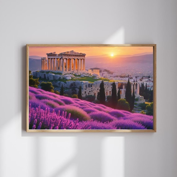 Athens Acropolis At Sunset Over Purple Lavender Fields Poster