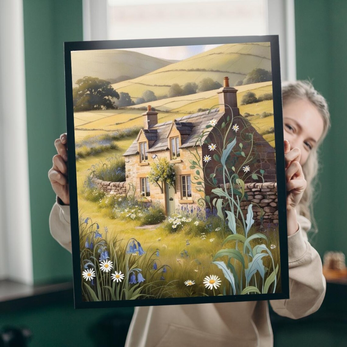 Stone Cottage Rolling Hills Wildflower Garden Countryside Poster