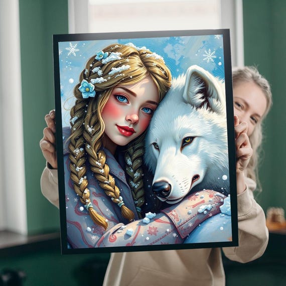 Woman And White Wolf Puzzle Winter Artwork Gift